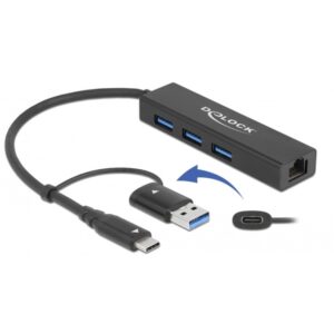 Delock USB 3.2 Gen 1 Hub mit 3 Ports und Gigabit LAN und USB-C/A-Stecker