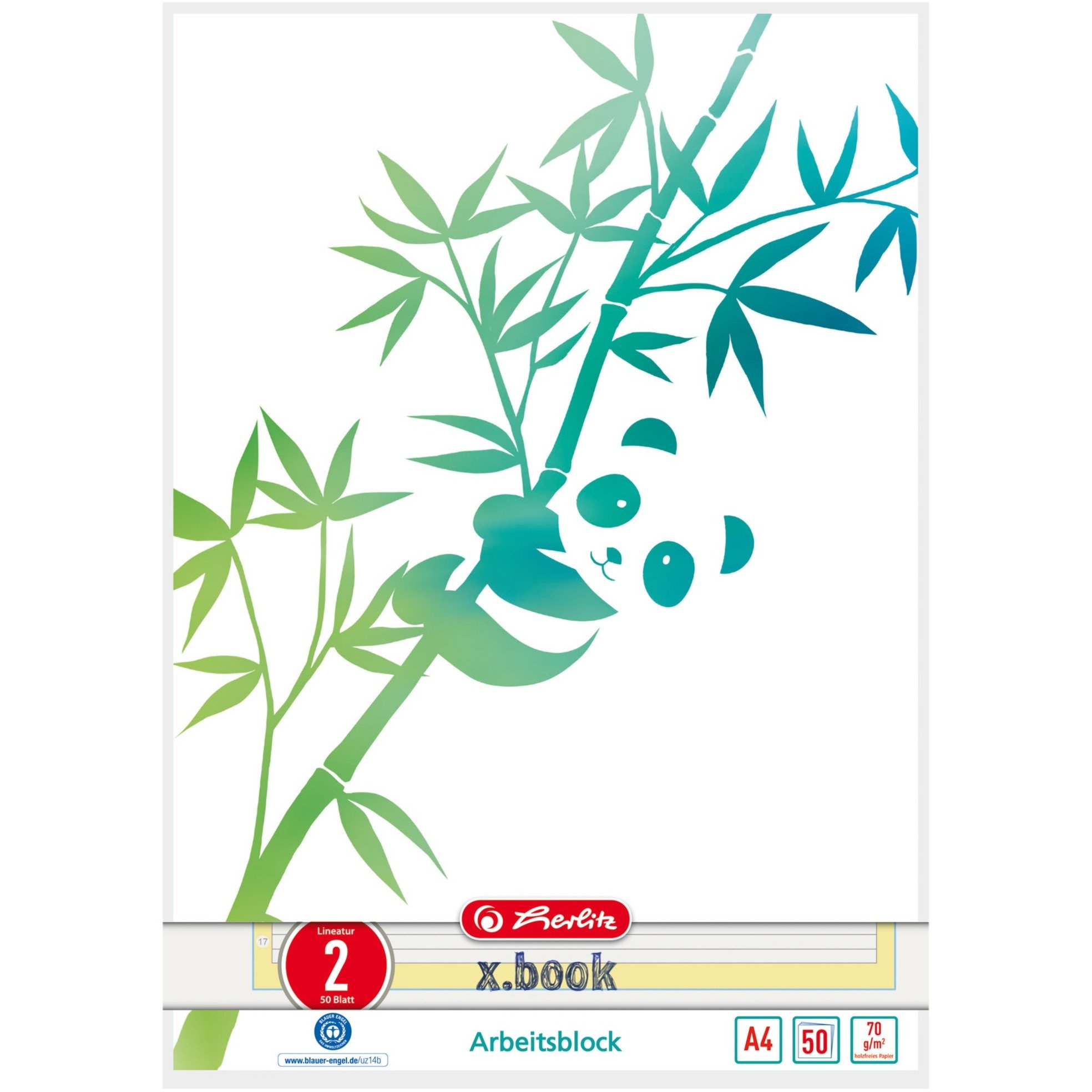 Herlitz Arbeitsblock A4 GREENline 50 Blatt Lineatur 02 Motiv Panda