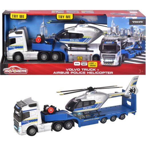 Majorette Volvo Polizei-Transporter FH-16 LKW mit Auflieger und Airbus Hubschrauber
