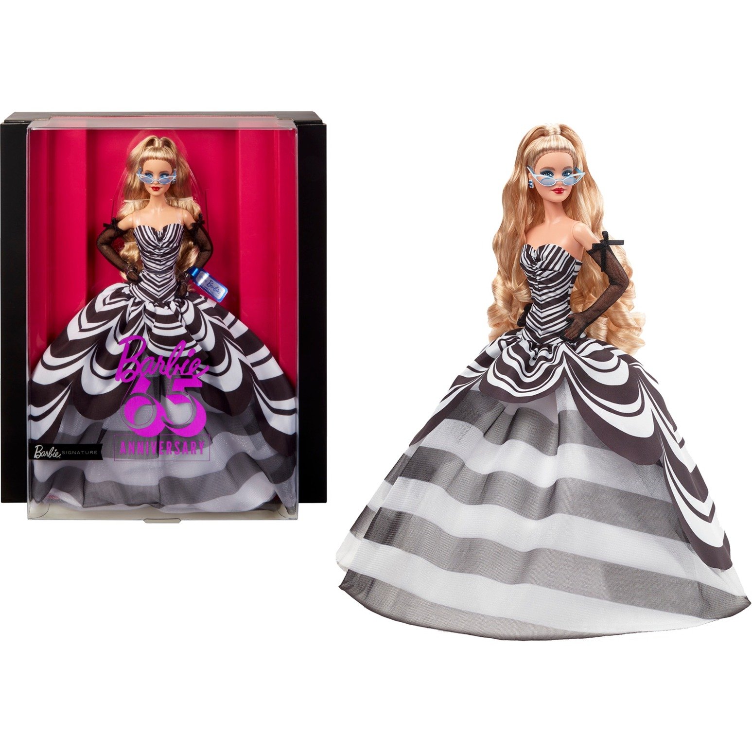 Mattel Barbie Signature Sammelpuppe zum 65. Jubiläum mit blonden Haaren und schwarz-weißer Robe
