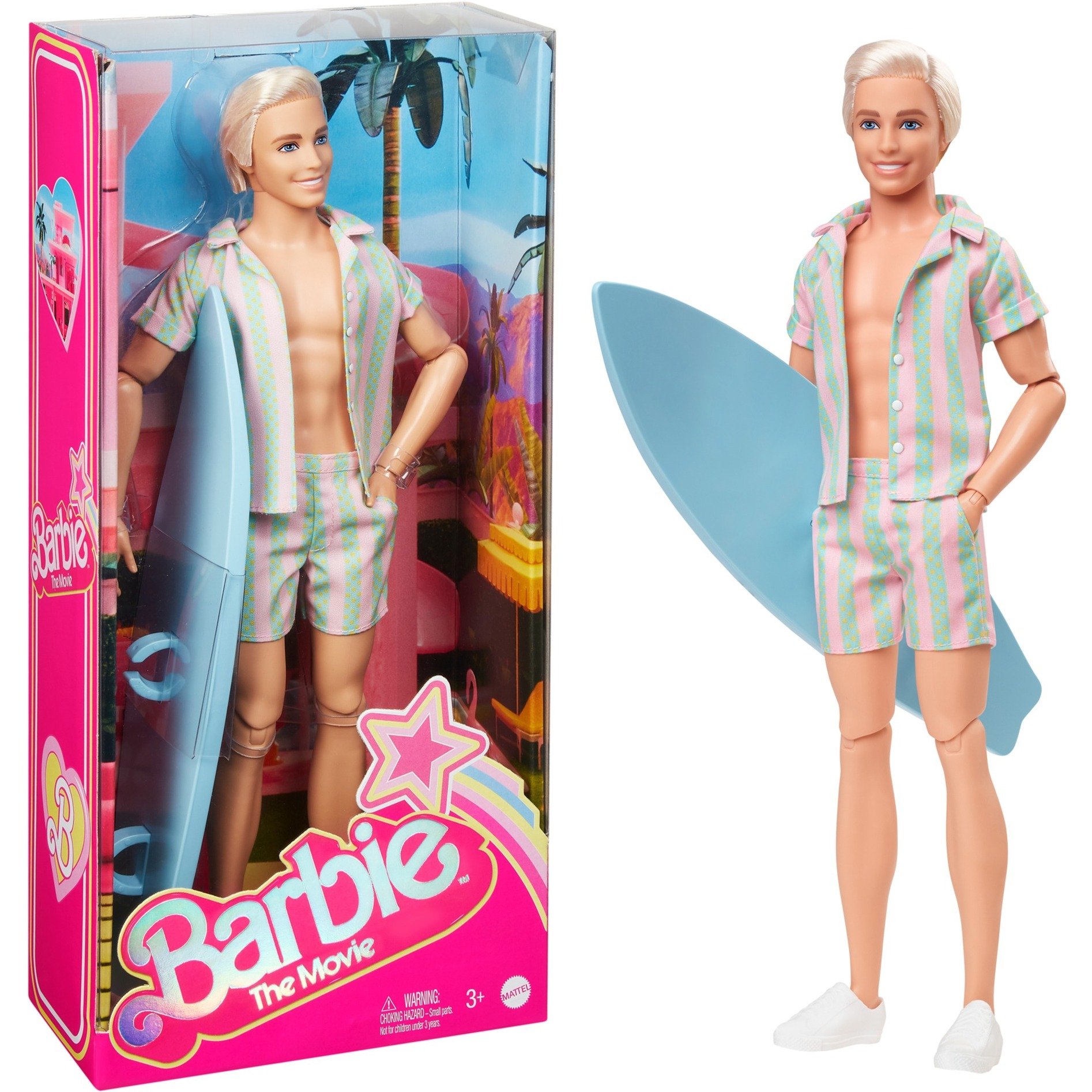 Mattel Barbie Signature The Movie - Ken Puppe mit gestreiftem Strand-Outfit in Pastellrosa und Grün