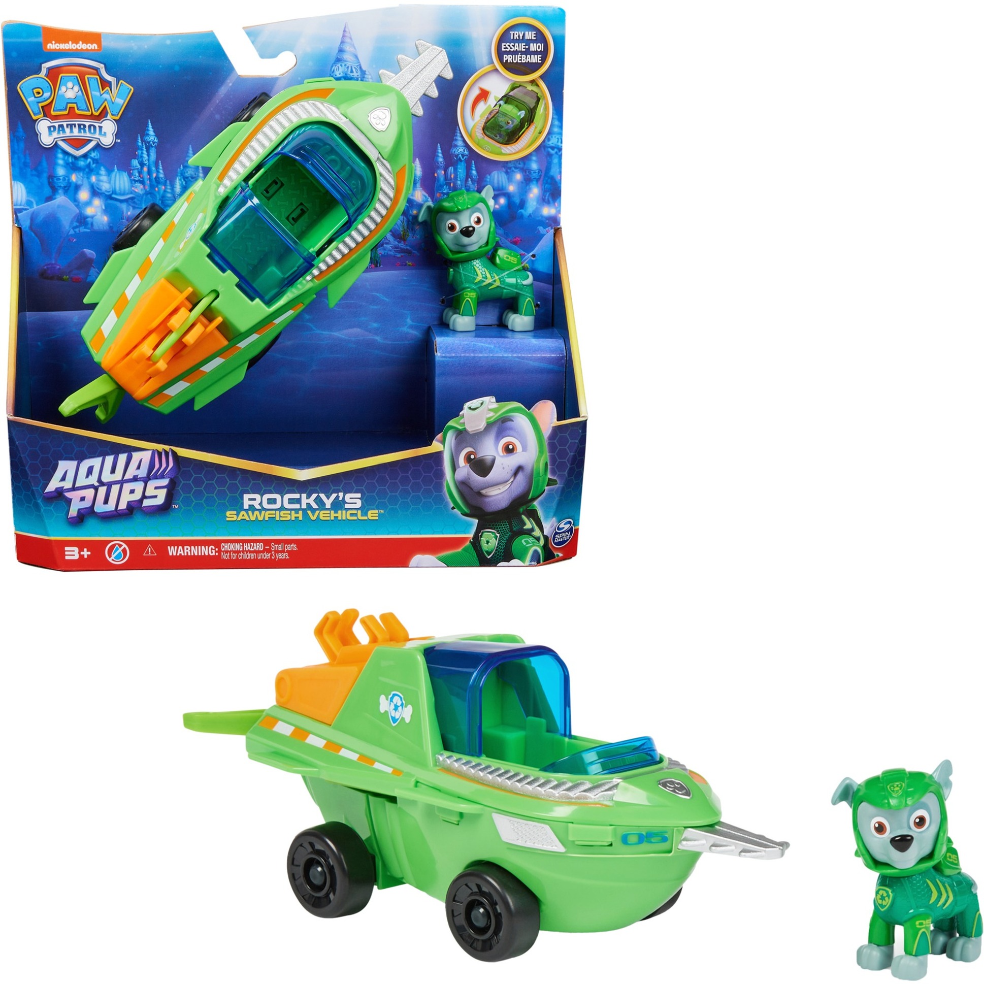 Spin Master PAW Patrol Aqua Pups - Basis Fahrzeug im Sägefisch-Design mit Rocky-Welpenfigur