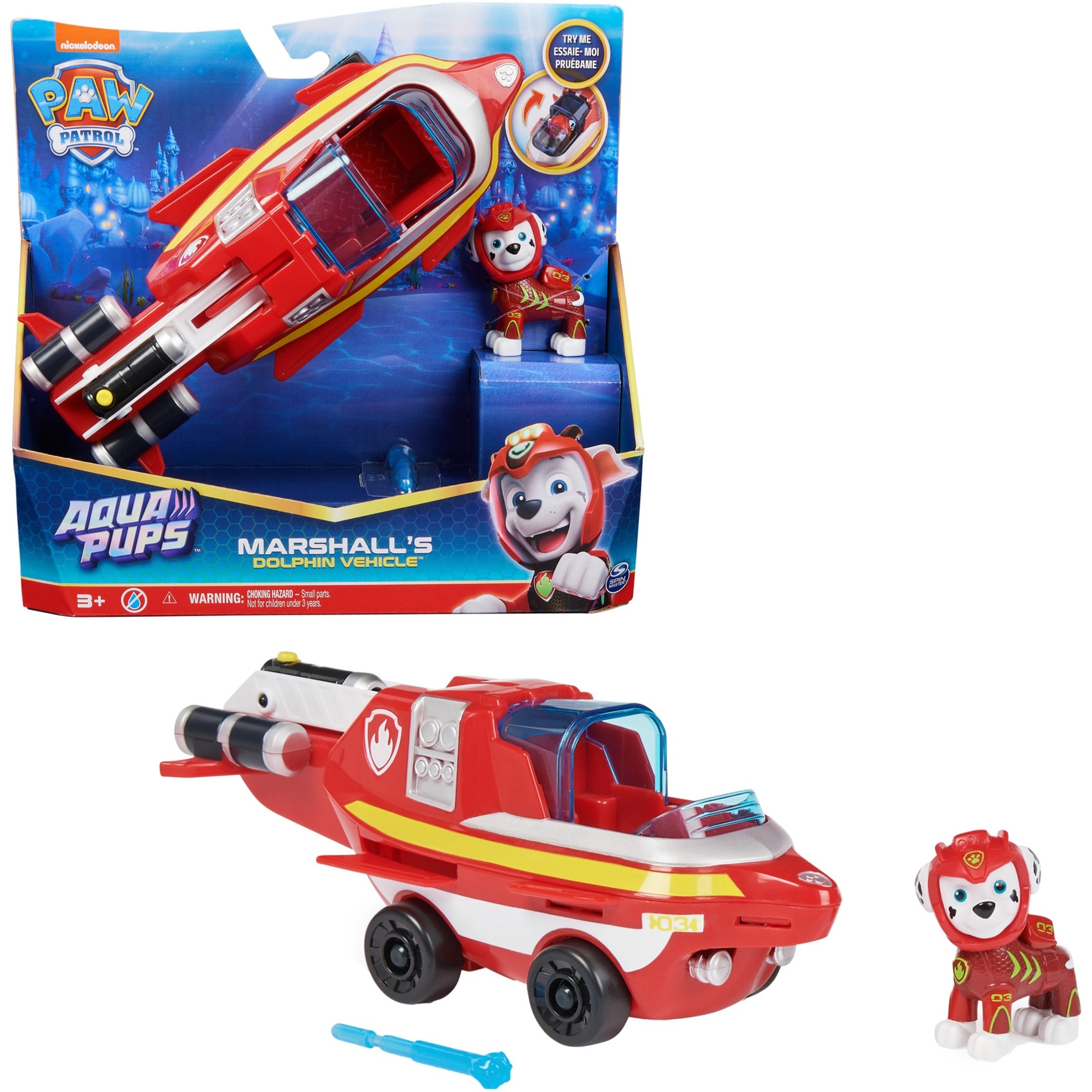 Spin Master Paw Patrol Aqua Pups - Basis Fahrzeug im Delfin-Design mit Marshall-Welpenfigur