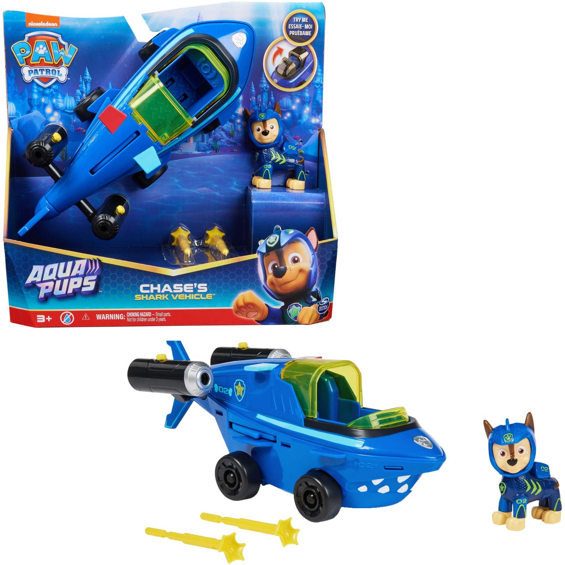 Spin Master Paw Patrol Aqua Pups - Basis Fahrzeug im Hai-Design mit Chase-Welpenfigur