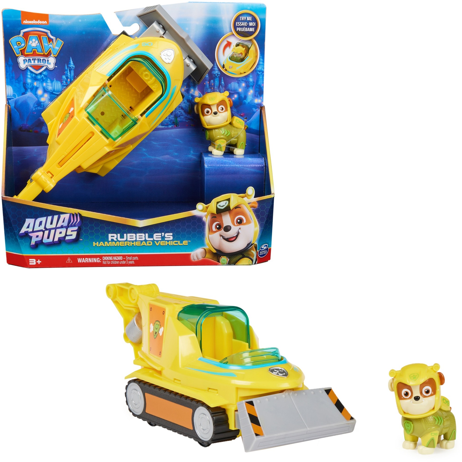 Spin Master Paw Patrol Aqua Pups - Basis Fahrzeug im Hammerhai-Design mit Rubble-Welpenfigur