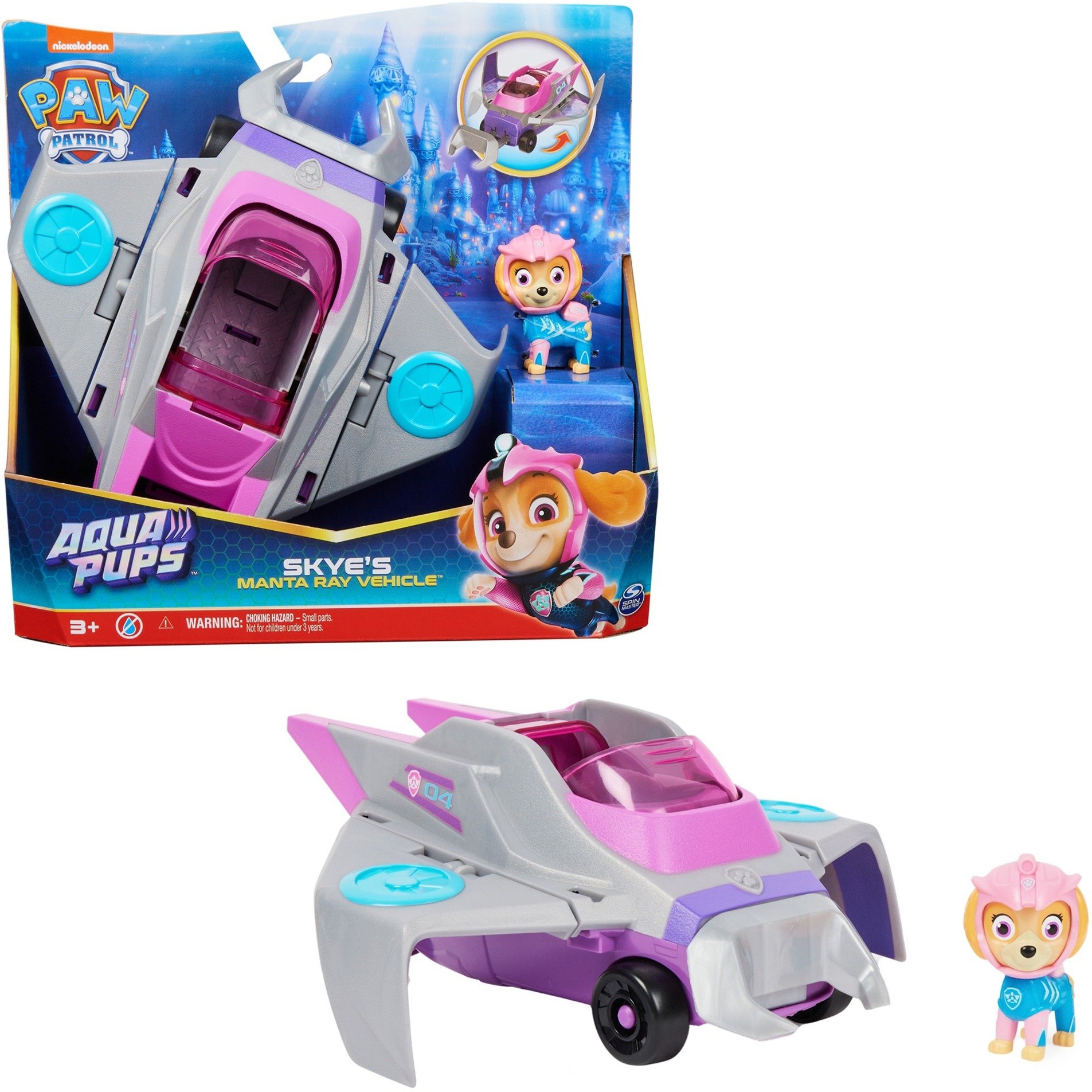 Spin Master Paw Patrol Aqua Pups - Basis Fahrzeug im Rochen-Design mit Skye-Welpenfigur