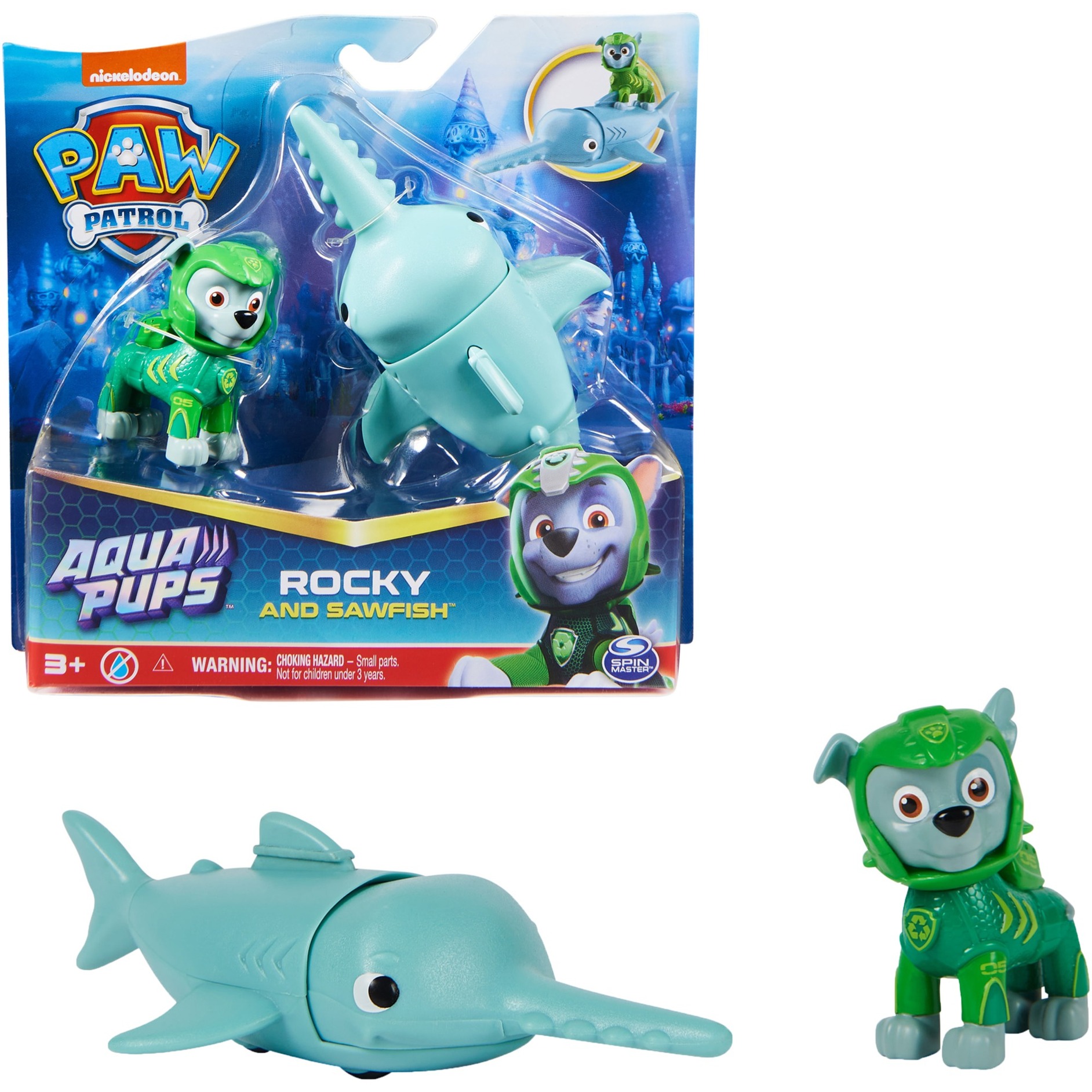 Spin Master Paw Patrol Aqua Pups - Hero Pups-Set mit Rocky-Welpenfigur und Sägefisch-Figur