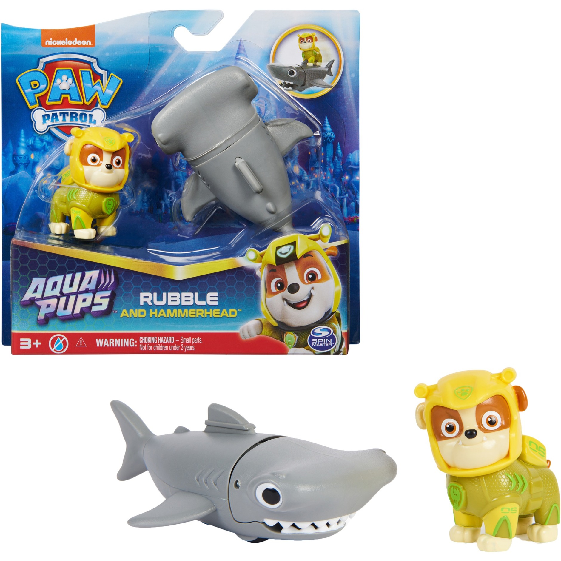 Spin Master Paw Patrol Aqua Pups - Hero Pups-Set mit Rubble-Welpenfigur und Hammerhai-Figur