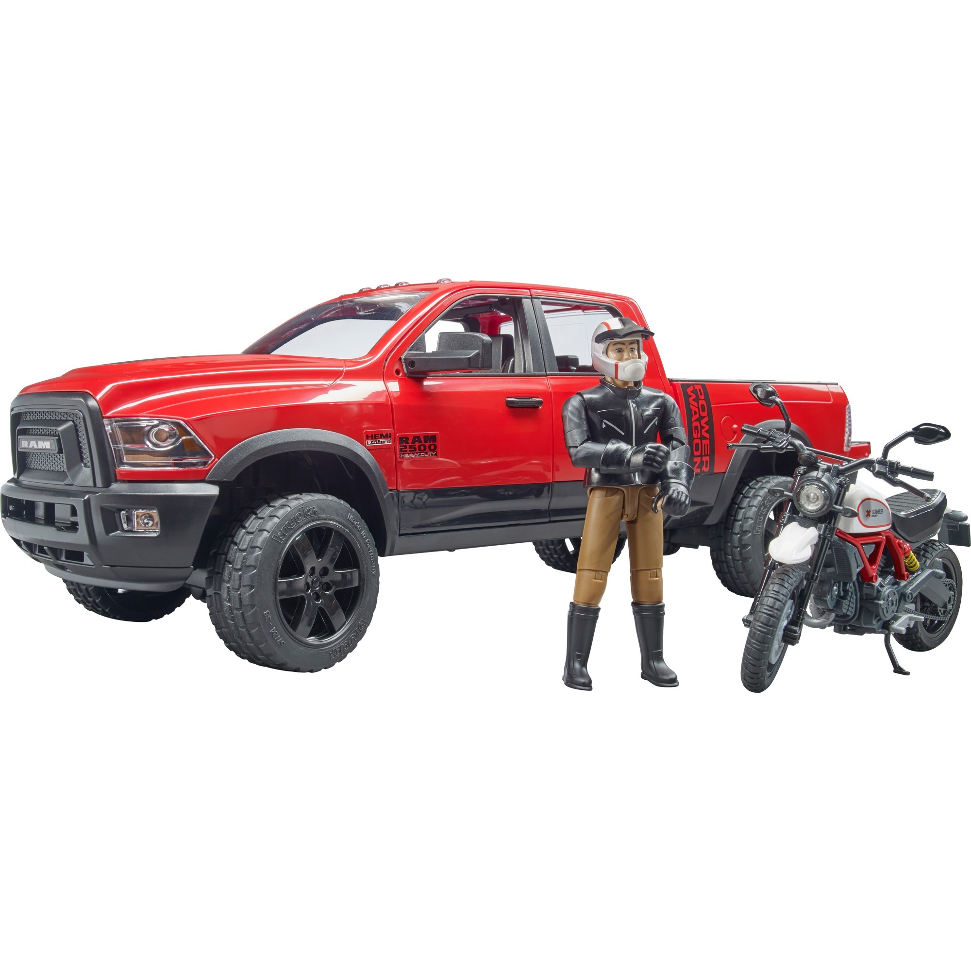 Bruder RAM 2500 Power Wagon mit Ducati Desert Sled und Fahrer